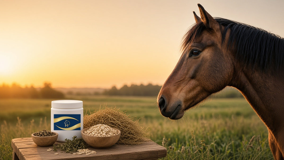Pferd auf der Weide mit Equi-Health-Futterdose